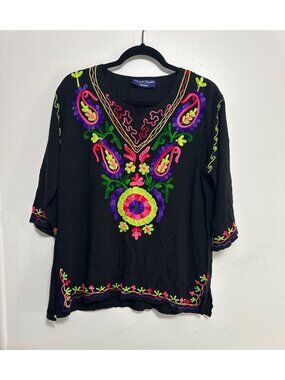 Royal Moda Womens Black Tunic With Colorful Embroidery 3/4 Sleeves Size Large